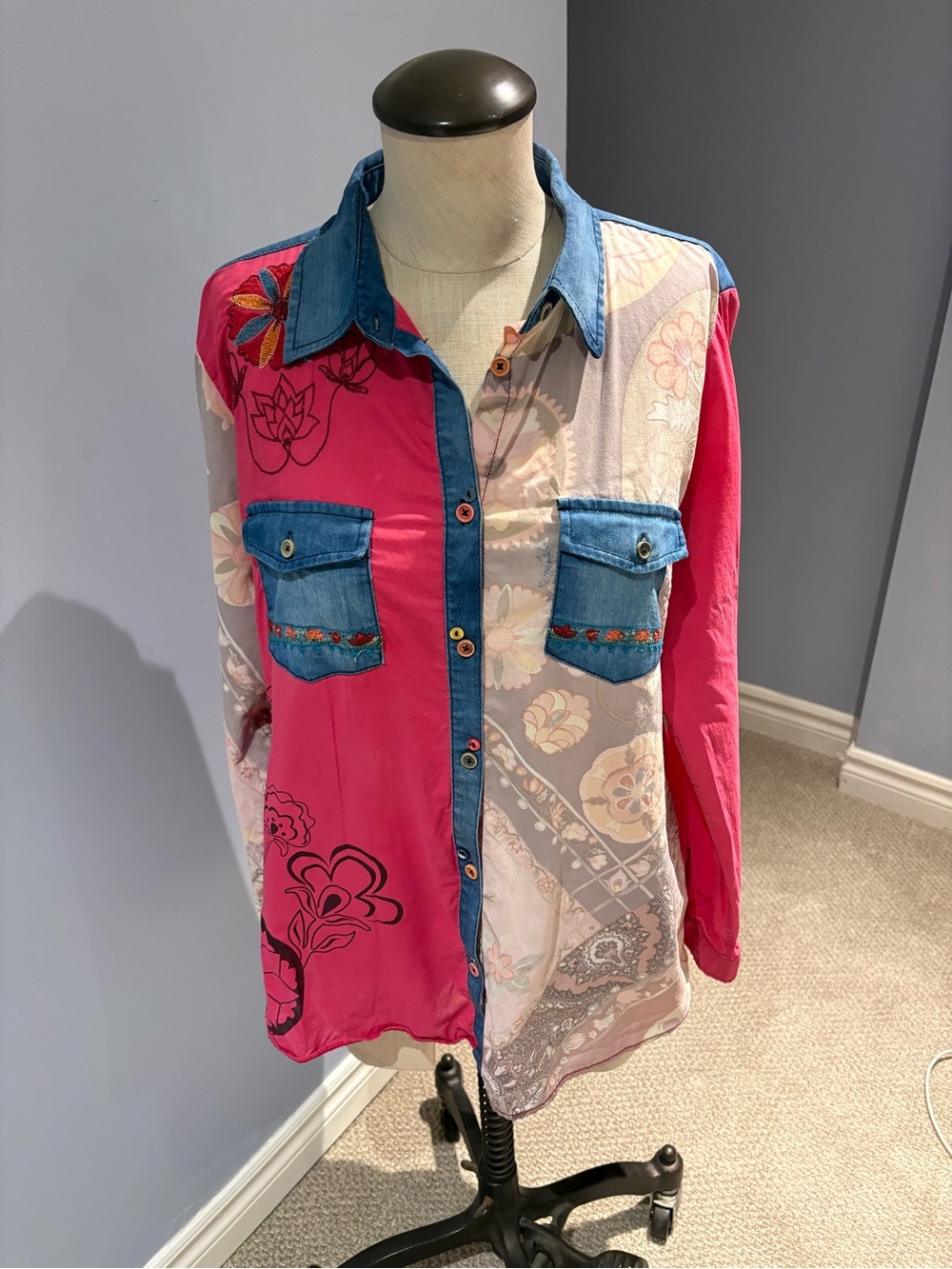 Desigual mixed-media denim and cotton shirt size XL